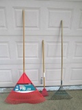 Qty 3 - Lawn rakes; Lrg. Red; Med. Steel; Sm. Flower garden rake