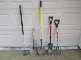 Garden Hoe; (2) Spade shovels - head on one rusted and handle on other is cut off; Potato fork;