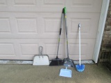 Qty 3 - In/Outdoor angle brooms; Metal dust pan; Plastic dust pan; Round brush.