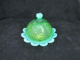 Green Opalescent footed scalloped edge covered butter dish. 7