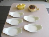 Box lot - Stoneware casserole dishes, (5) Oval handled porcelain dishes