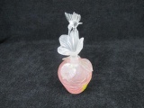 Pink Crackle glass perfume jar w/floral appliqu? leafs & hummingbird stopper