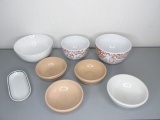 (2) Spackled porcelain mixing bowls; White Mixing bowl; Sterling china co. white banded bowl; (3)