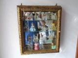 Ornate Shadow box w/ glass shelves and variety of Perfume bottles - some w/perfume. 15