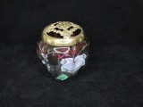 Fenton colored glass potpourri jar- signed/no.'d. George Fenton 1997, #741/1750 w/gold platted cast