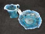 Set - Fenton blue pitcher & bowl w/opalescent edges. 8