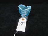 Fenton blue iridescent/opalescent footed toothpick w/corral design. 2.5