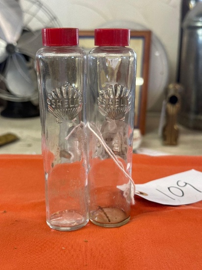 two piece set, shell oil company, embossed glass bottles