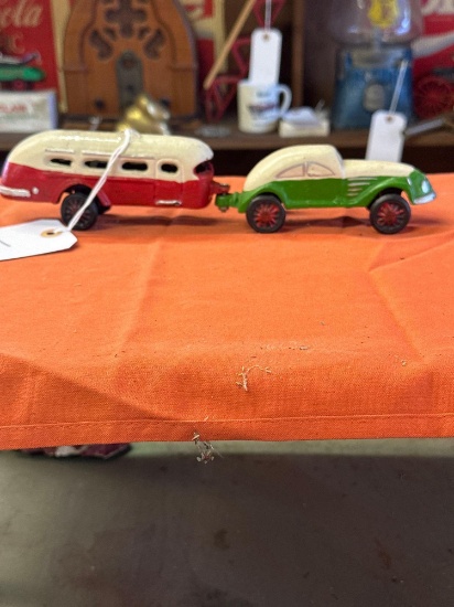 vintage cast car and travel trailer