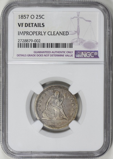 1857-O LIBERTY SEATED QUARTER NGC VF DETAILS CLEANED