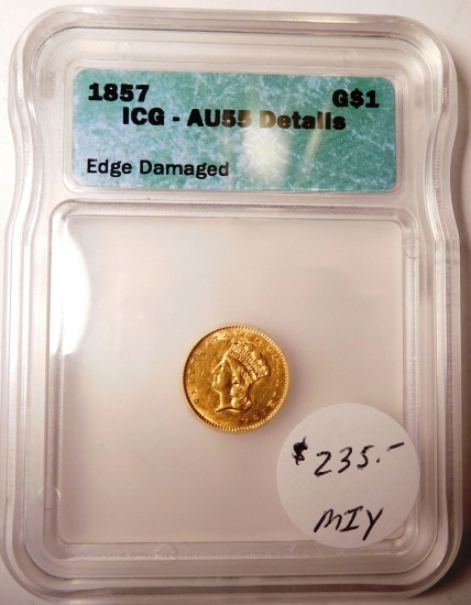 1857 $1.00 GOLD ICG AU-55 DETAILS EDGE DAMAGE