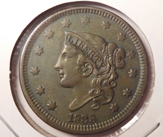 1838 LARGE CENT AU-58