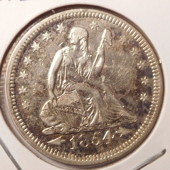 1854 ARROWS LIBERTY SEATED QUARTER AU-58 CLEANED