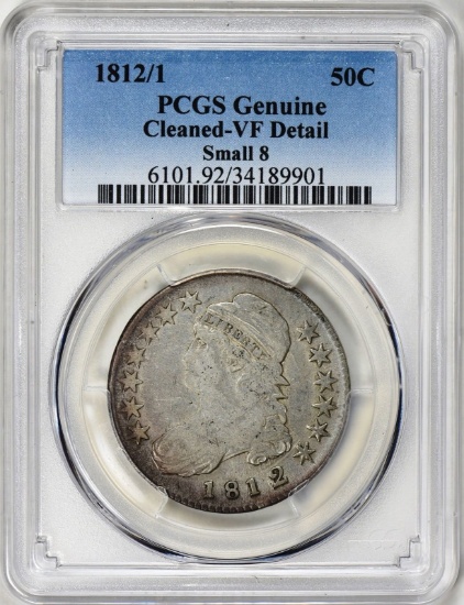 1812/1 SMALL 8 BUST HALF DOLLAR PCGS VF CLEANED