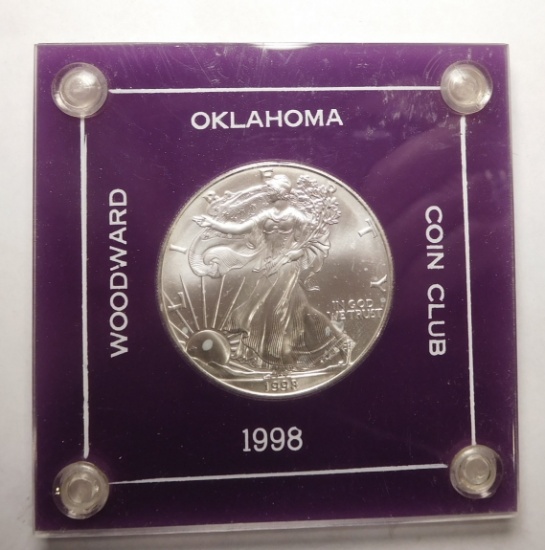 1998 1 OZ. SILVER EAGLE HOUSED  IN WOODWARD, OK COIN CLUB HOLDER