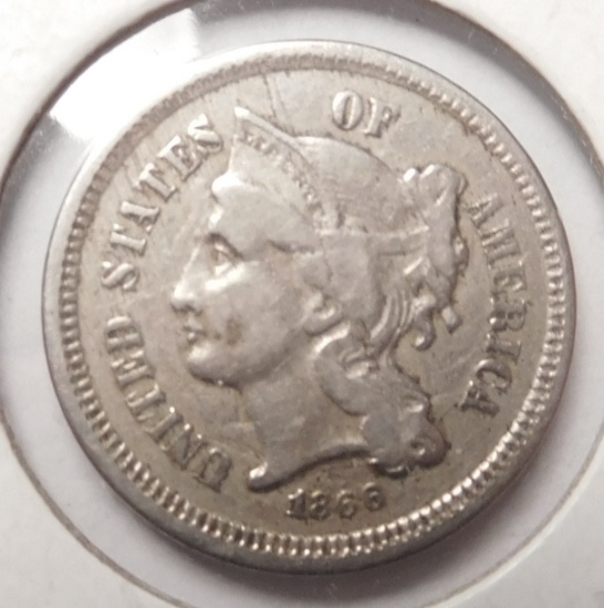 1866 THREE CENT NICKEL XF