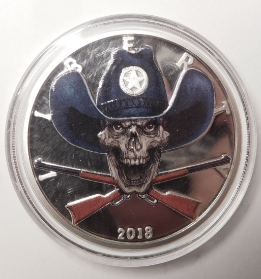 2018 1 OZ. COLORIZED COWBOY SKULL SILVER ROUND ENCAPSULATED