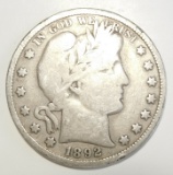 1892 BARBER HALF DOLLAR VG