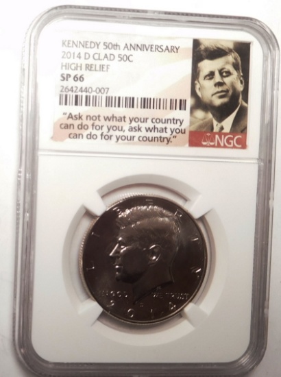 2014-D CLAD HIGH RELIEF  KENNEDY HALF DOLLAR NGC SP-66