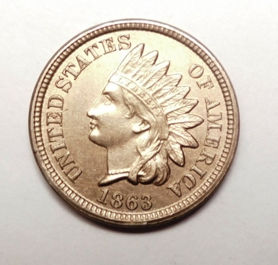 1863 INDIAN CENT GEM BU RED