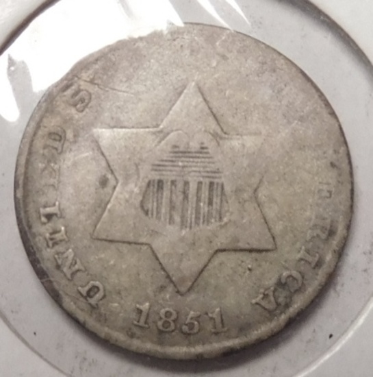 1851 TY 1 THREE CENT SILVER G/VG