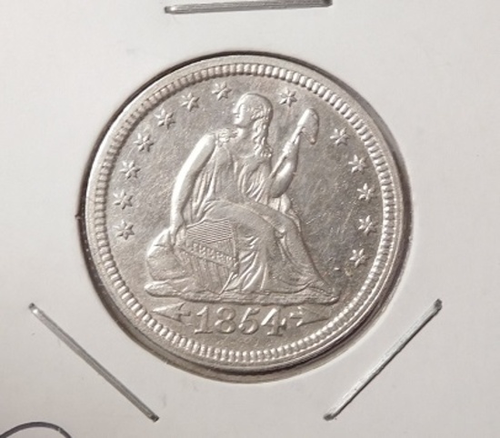 1854 ARROWS LIBERTY SEATED QUARTER AU-55