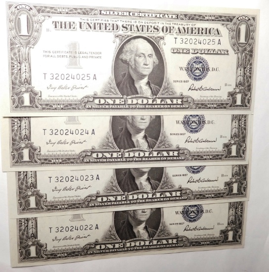 (4) CONSECUTIVE NUMBERED 1957 $1.00 SILVER CERTIFICATES CRISP GEM UNC