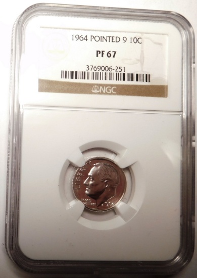 1964 POINTED 9 ROOSEVELT DIME NGC PF-67