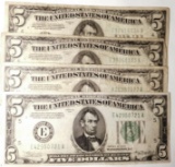 (4) 1934 $5.00 FEDERAL RESERVE NOTES G/VG
