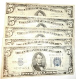 (5) 1934-A $5.00 FEDERAL RESERVE NOTES GOOD-FINE