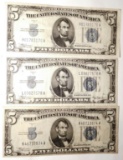 (3) 1934-A $5.00 FEDERAL RESERVE NOTES VF/XF