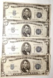 (4) 1934-D $5.00 SILVER CERTIFICATES VG-XF (ONE NOTE HAS TEAR AT TOP)