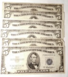 (6) 1953-A $5.00 SILVER CERTIFICATES VF/XF
