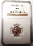 1964 POINTED 9 ROOSEVELT DIME NGC PF-67