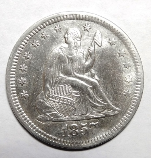 1857 LIBERTY SEATED QUARTER CH AU (CLEANED)