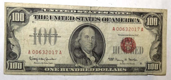 1966 $100.00 UNITED STATES NOTE CENTER TOP TEAR