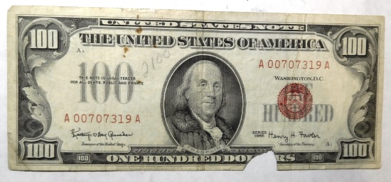 1966 $100.00 UNITED STATES NOTE BOTTOM TEAR