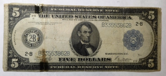 1914 $5.00 FEDERAL NOTE TAPE DAMAGE