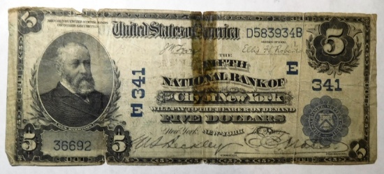 1903 $5.00 NATIONAL BANK NOTE NEW YORK TEARS AND TAPE