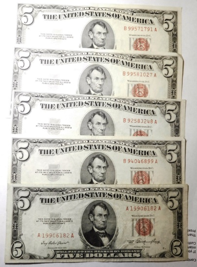 LOT OF (5) 1953A UNITED STATES $5.00 RED SEAL NOTES CRISP UNC (5 NOTES)