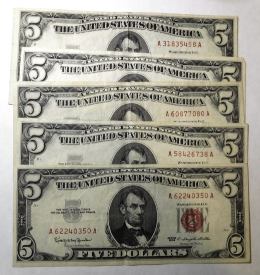 LOT OF FIVE 1963 $5.00 NOTES AU/UNC (5 NOTES)