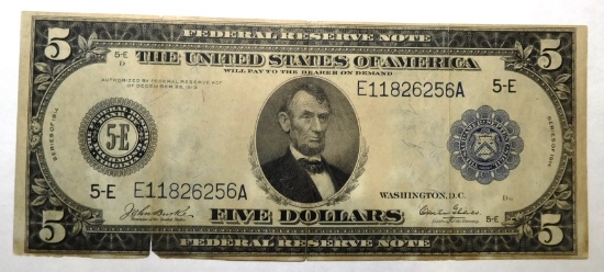 1914 SERIES $5.00 FEDERAL NOTE FINE (TEAR AT LEFT BOTTOM)