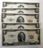 LOT OF FIVE 1953-B $2.00 NOTES CRISP GEM UNC (5 NOTES)