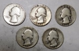 LOT OF FIVE 1930'S WASHINGTON QTRS. VG-VF (5 COINS)