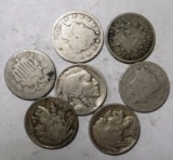 LOT OF SEVEN MIXED NICKELS AVE. CIRC. (7 COINS)