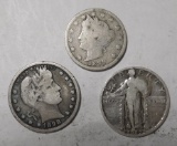 LOT OF THREE: 1889 NICKEL GOOD,1898 QUARTER VG & 1927 QUARTER VG (3 COINS)