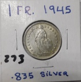 1945 SILVER FRENCH ONE FRANC VF