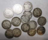 LOT OF FIFTEEN MIXED DATE BARBER QUARTERS AVE. CIRC. (15 COINS)