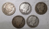 LOT OF FIVE MIXED DATE BARBER QTRS. G/VG (5 COINS)