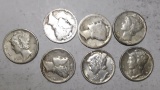 LOT OF SEVEN EARLY MIXED DATE MERCURY DIMES GOOD-XF (7 COINS)